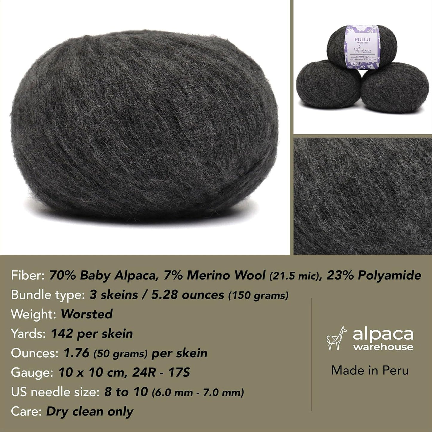 Pullu - Baby Alpaca Merino Wool Yarn Set of 3 Skeins (150 Grams) Worsted Weight - Sourced Directly from Peru - Heavenly Soft and Perfect for Knitting and Crocheting (Gray)