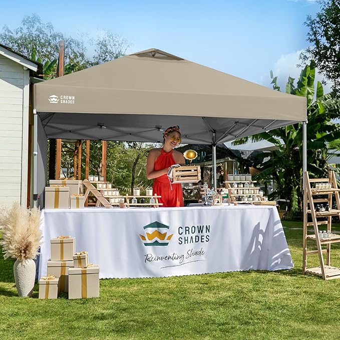CROWN SHADES 10x10 Pop Up Canopy with 1 Side Wall - Beach Tent with One Push Setup - Outdoor Sun Shade for Events, Parties, Camping - Gazebo with STO-N-Go Cover Bag (Beige)