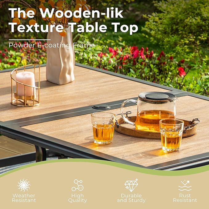 Outdoor Patio Dining Table for 6, 60" x 37" Rectangular Metal Patio Dining Table with Umbrella Hole and Faux Wood Tabletop, All Weather Wrought Iron Black Outdoor Table for Backyard and Porch