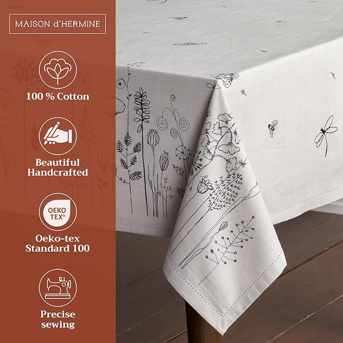 Maison d' Hermine Table Cloth Rectangle Table 100% Cotton 60 x 120 Inches Tablecloth Reusable Decorative Everyday Use for Dining Room, Farmhouse, Home, Party, Festive & Wedding Spring Summer - Flore