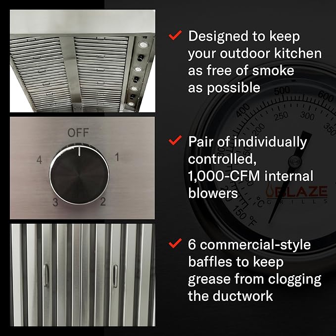 Blaze 42-Inch Outdoor Vent Hood | 304 Stainless Steel Construction | Dual 1000 CFM Blowers with 4-Speed Fan Control | Commercial Baffles & Halogen Lights | BLZ-42-VHOOD