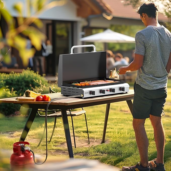 ROVSUN 4 Burner Portable Propane Griddle with Enameled Tray & Lid, 40,000 BTU Tabletop Flat Top Gas Grill with Electronic Ignition & Regulator for Outdoor Cooking Camping BBQ Tailgating