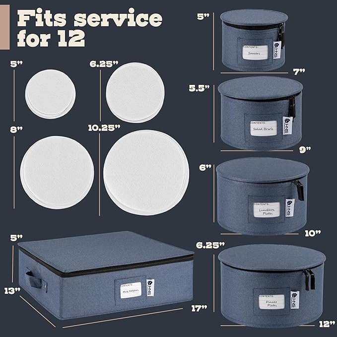 China Storage Hard Shell Containers 5-Piece Set Moving Boxes for Dinnerware, Glasses, Plates, Mugs and Saucers Sturdy Dish Organizer with Dividers for Seasonal Storage - Service for 12 - Denim Blue
