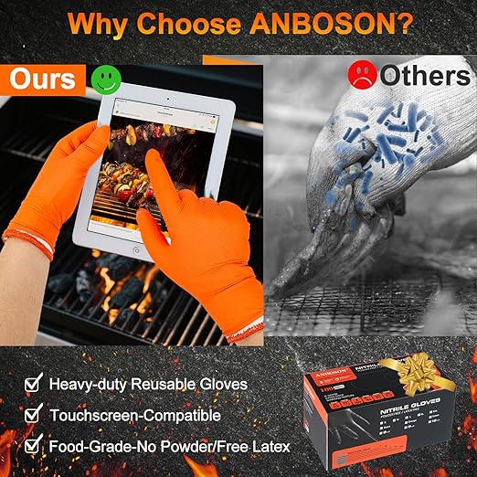 BBQ Gloves for Grilling Disposable Heat Resistant - 100 Nitrile Gloves + 4 Reusable Cotton Liners for Cooking Smoker -Orange XLarge