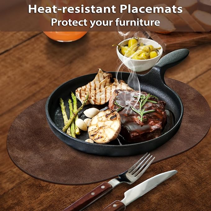 ADRIMER Placemats, Heat Resistant Oval Placemats Set of 4 Washable 12 x 17 Inch, Waterproof Table Mats, Wipeable Pu Place Mats for Kitchen, Dining Room, Brown
