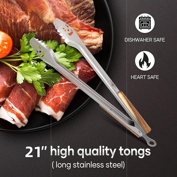 21-Inch Extra Long Stainless Steel BBQ Tongs with Extended Luxurious Acacia Handle – Durable and Easy-to-Clean Grilling Tool for Cooking, Kitchen Use, and Outdoor Barbecues