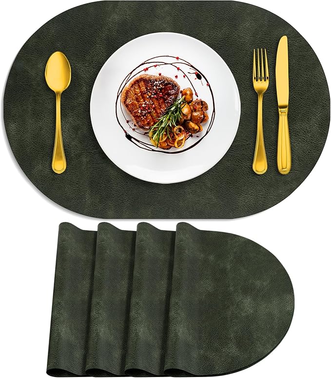 ADRIMER Placemats, Heat Resistant Oval Placemats Set of 4 Washable 12 x 17 Inch, Waterproof Table Mats, Wipeable Pu Place Mats for Kitchen, Dining Room, Olive Green