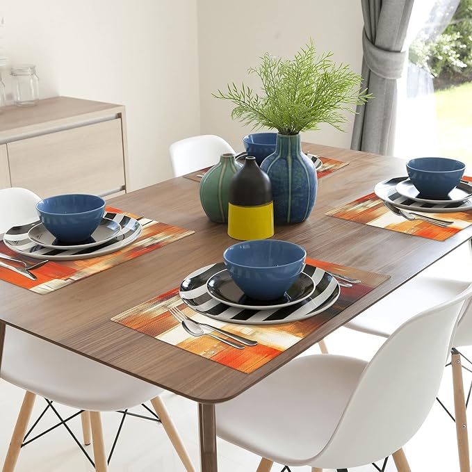 Modern Art Placemats Set of 4 Orange Abstract Painting Place Mats Washable Linen Placemat for Kitchen Dining Table Home Party Decor 18x12 Inches