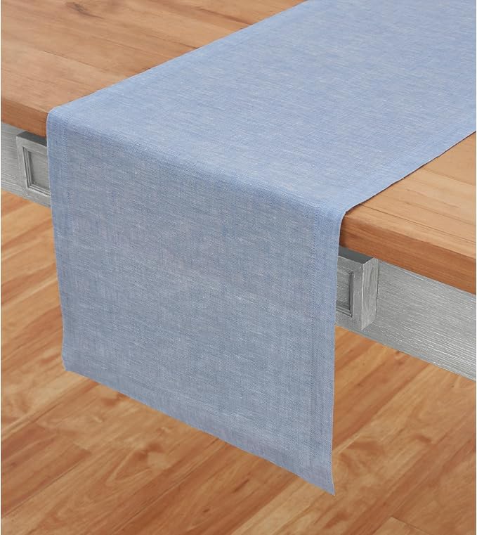 Solino Home Linen Table Runner 72 Inches Long - Athena, 100% Pure Linen Chambray Blue Table Runner 14 x 72 Inch for Dining, Winter, Spring, Easter