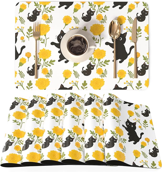 QIYI Placemats Set of 6, 12x18 Inch Faux Leather Place Mats for Kitchen Dinning, Heat Resistant Anti Slip Flower Table Mats, Waterproof Wipeable Washable Placemat Party Table Décor, Cute Black Kittens