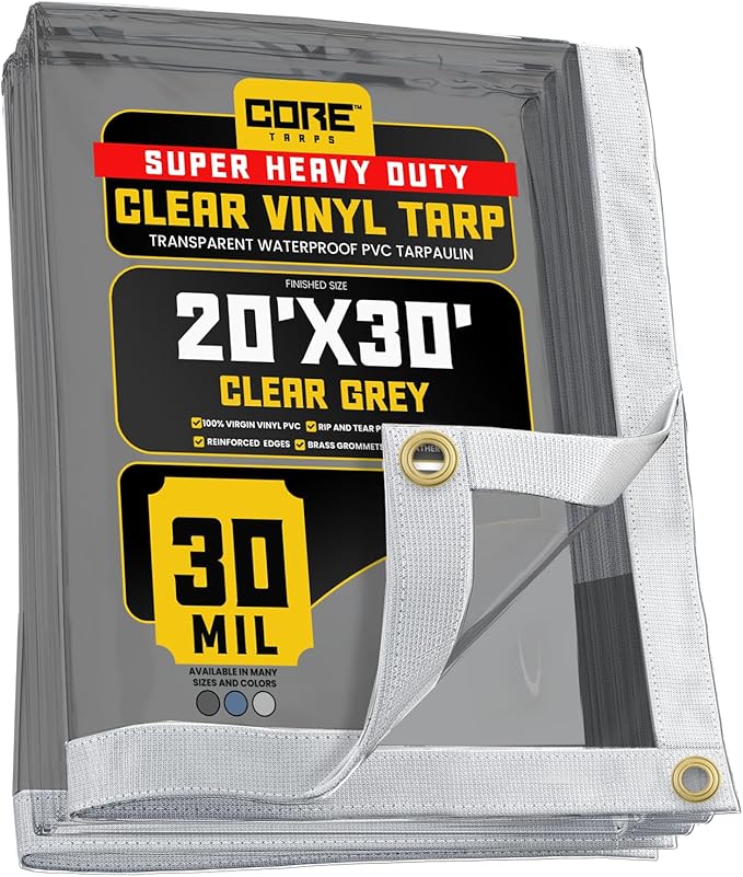 Core Tarps 30 Mil Extreme Heavy Duty Clear Tarp with Gromments - 20x30ft Super Clear Tarps Heavy Duty Waterproof Vinyl Tarpaulin, Transparent Tarp for Outdoor, Camping & Construction, Clear Grey