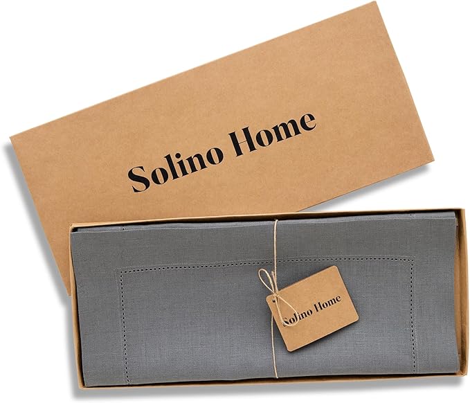Solino Home Linen Steel Gray Table Runner 120 Inches Long - 100% Pure Linen Hemstitch 14 x 120 Inch Table Runner for Dining, Spring - Classic Hemstitch