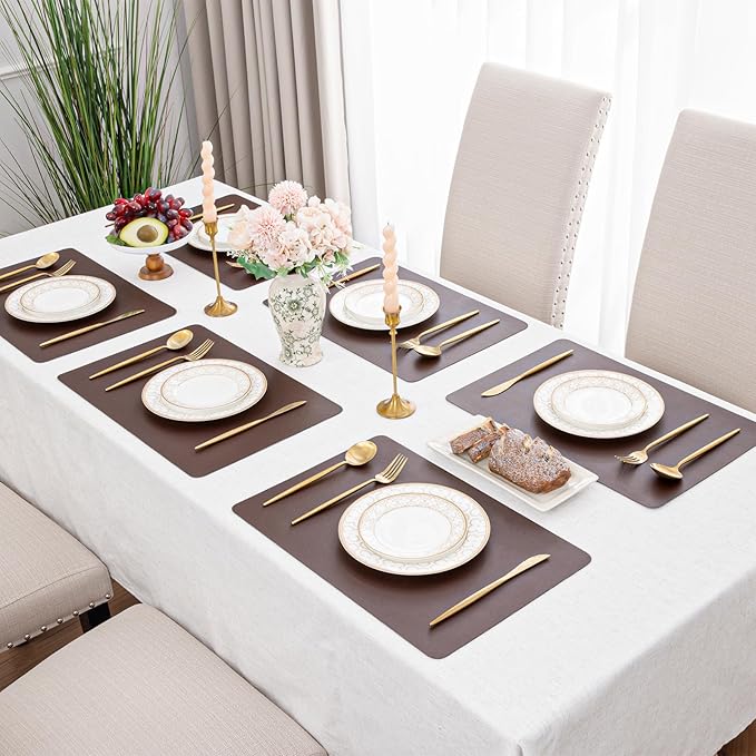 SHACOS Placemats Set of 6 Faux Leather Waterproof Leakproof Wipeable PU Non-Slip Vinyl Place Mats Heat Resistant Table Mats for Kitchen Dining Table Indoor Outdoor, Chocolate Brown
