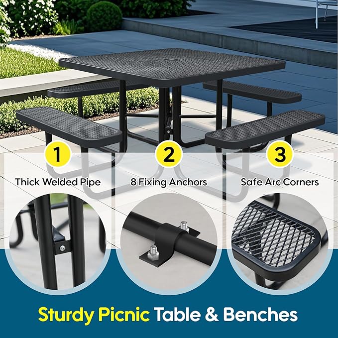 46'' Square Metal Picnic Table for Outdoors, Commercial Steel Metal Picnic Tables, Heavy Duty Sturdy Picnic Tables Furniture Set for Patio Garden Courtyard BBQ, with Umbrella Hole, Black