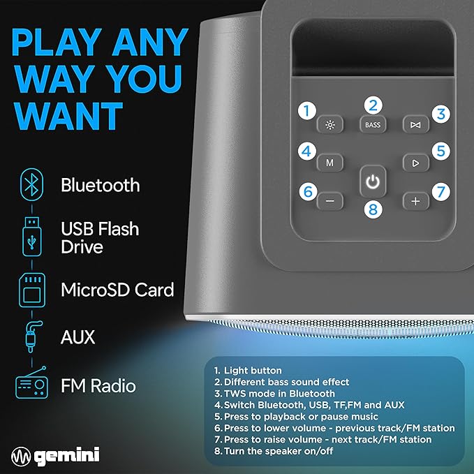 Gemini Portable Bluetooth Party Speaker with LED Lights - 600W Peak Power, 6Hr Battery, IPX5 Waterproof, USB/AUX/FM Radio for Outdoor BBQ Pool Parties (GNV-60)