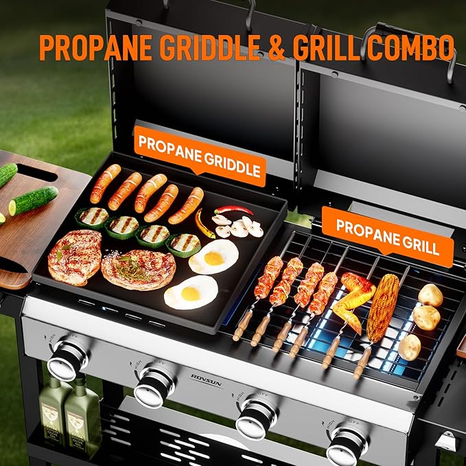 Bonnlo 2 in 1 Propane Flat Top Grill and Griddle Combo with Lid, Powerful 40,000 BTU Grills with Side Shelves & Integrated Ignition, 4 Burners Grill with Movable Wheels for Outdoor BBQ Camping Use