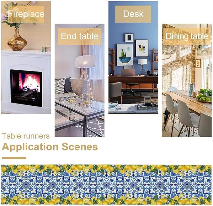 Blue Lemon Table Runner, Italy Tile Yellow Lemon Fruit Table Runners for Farmhouse Coffee Home Kitchen Dining Party Patio Indoor Outdoor 13x60in