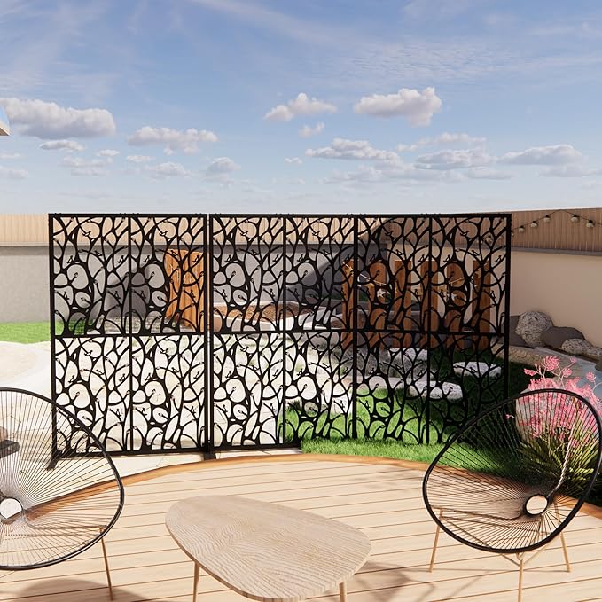 Metal Privacy Screen Room Divider 72" H x 45.3" W, Free Standing Decorative Panel with Bird Design for Indoor Outdoor Use, Black Iron Partition for Patio Balcony Garden (Bird Black)