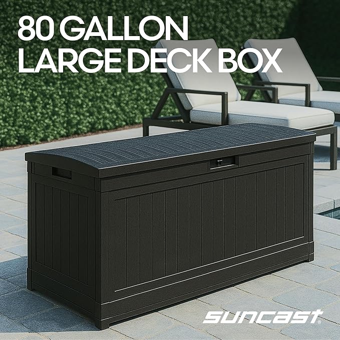 Suncast 80-Gal. Waterproof Resin Large Outdoor Patio Deck Box with Pad-Lockable Lid, Modern Outdoor Patio Bench/Storage Box for Cushions, Garden Tools, and More, Iron Ore