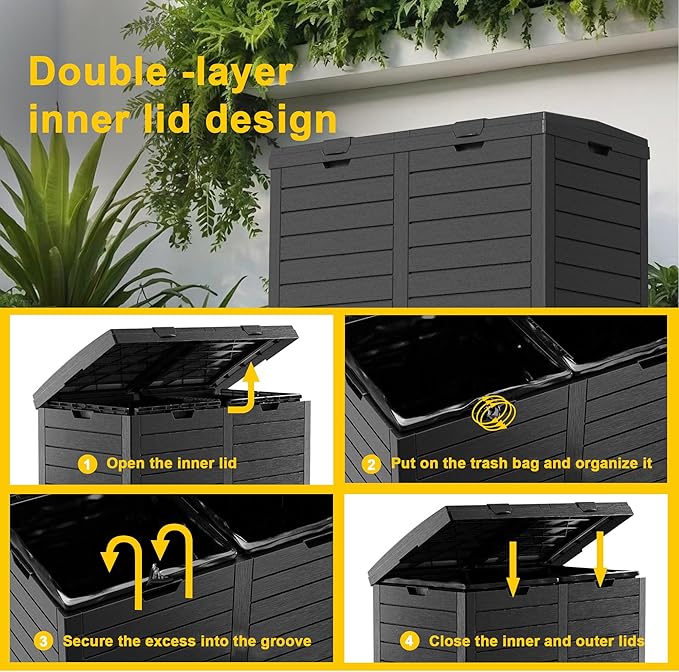 Outdoor Trash Can with lid, Waterproof, UV-Resistant Resin Garbage Can, Lockable Lid and Drip Tray, Animal-Proof, for Patio, Kitchen, Backyard and Deck (Black, 76 Gallon)