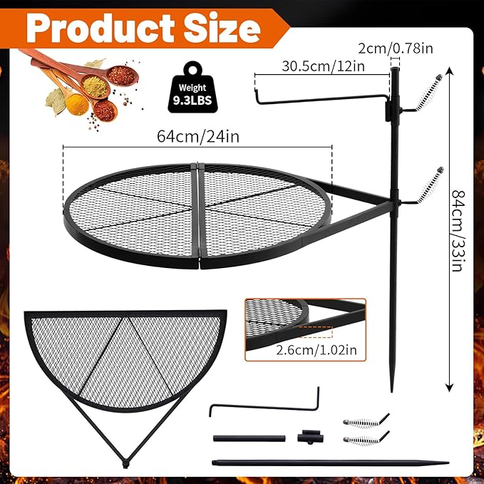 24" Fire Pit Campfire Grill Grate, 24" Foldable Open Fire Cooking Grill Portable Camping Cooking Barbecue Rack Heavy-duty, Easy Setup & Adjustable Height for Outdoor Camping BBQ