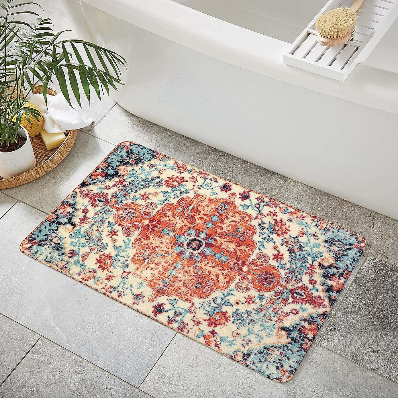 Lahome Bohemian Floral Medallion Area Rug - 2x3 Oriental Distressed Small Bath Rug Country Vintage Doormat Faux Wool Non-Slip Washable Low-Pile Carpet for Bathroom Kitchen Laundry Room Decor