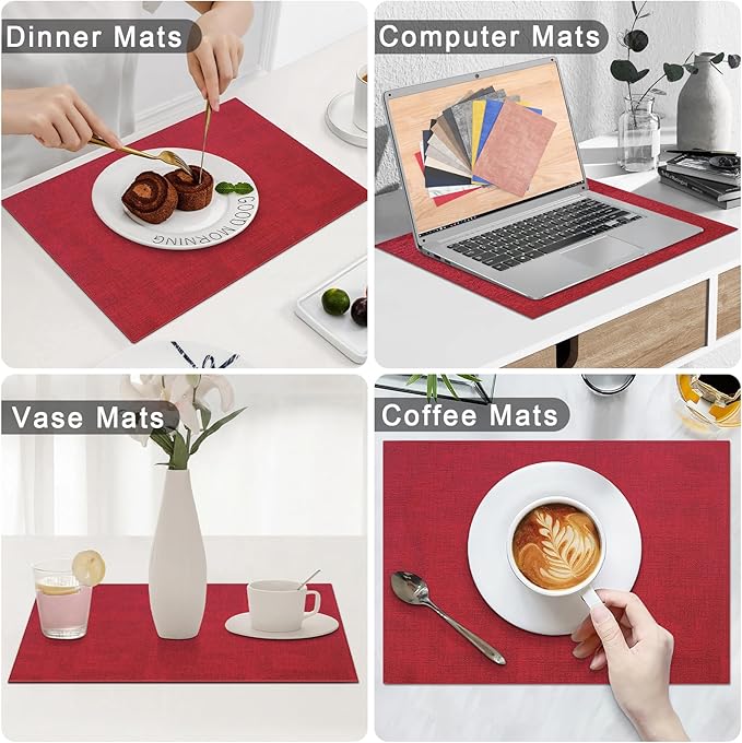 Homaxy Faux Leather Heat Resistant Placemats for Dining Table Set of 4, Waterproof Wipeable Washable PU Table Mats, Easy to Clean Anti-Slip Place Mats, 11.8" x 17", Red