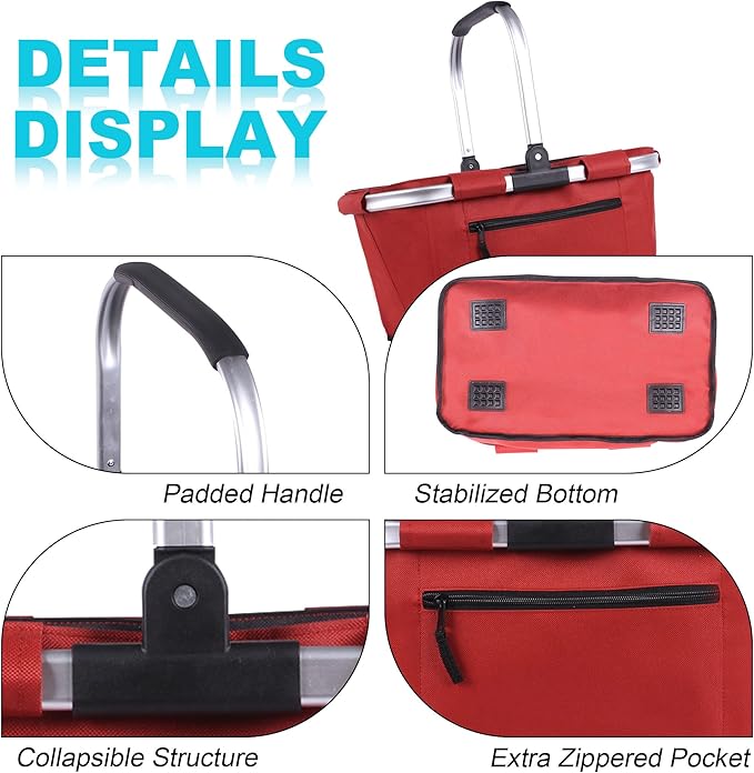 Picnic Basket, SIYUAN Shopping Basket with Handle 22L Collapsible Grocery Basket Portable Folding Bag for Marketing Picnic, Ruby Red