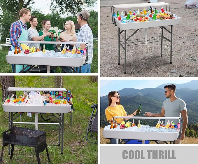 Nice C 4 ft Folding Ice Cooler Table, Party Cooler, Grazing Table, Tables with Drain, Party Tables, with Matching Skirt, Storage Shelf (White)