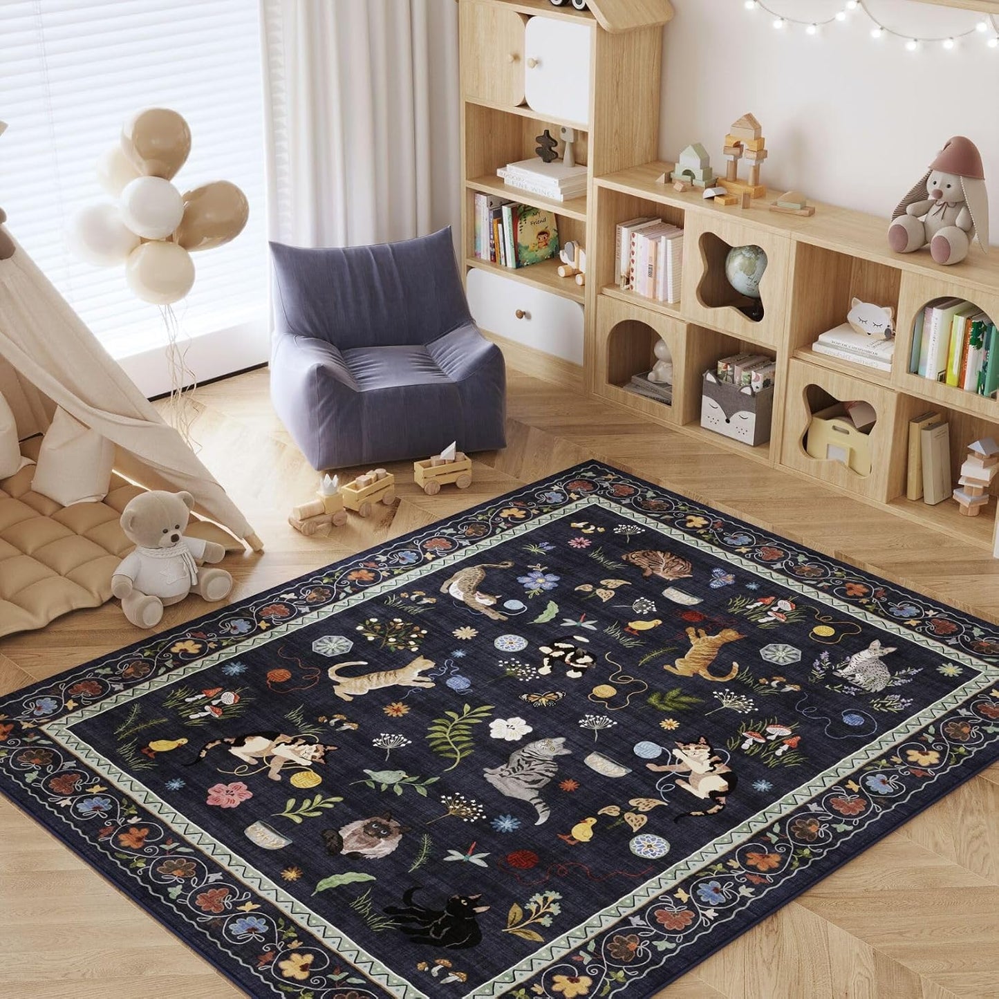 Rugcomf Area Rugs 8x10 Rug for Living Room Clearance Washable Boho Area Rug Non Slip Floral Animal Cat Vintage Low Pile Large Rug for Bedroom Farmhouse Dining Room Kids Playroom, Cobalt Blue