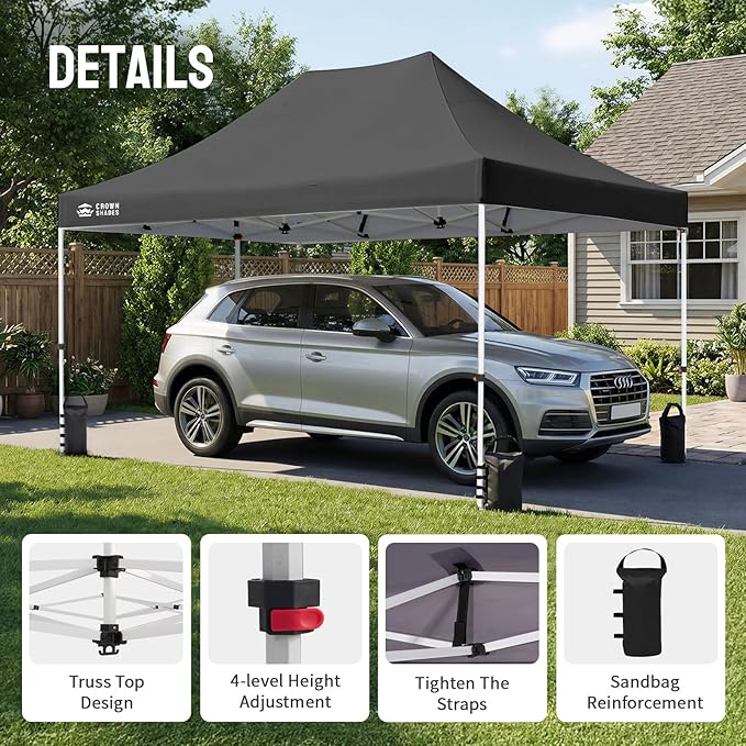 CROWN SHADES 10x15 Pop Up Canopy Tent, Thicken Frame Commercial Heavy Duty Tent, 8 Stakes & 4 Sandbags & 4 Ropes, Outdoor Canopies for Events, Parties,Grey