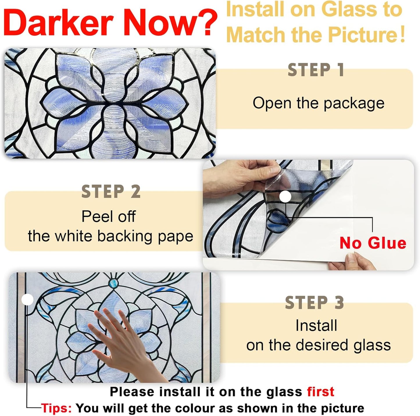 3D Stained Glass Window Privacy Film, Heat Control UV Blocking Static Cling Decorative Window Film for Bathroom,Front Door,Home Non Adhesive,16.9 x 39.3 inches Azure Bloom