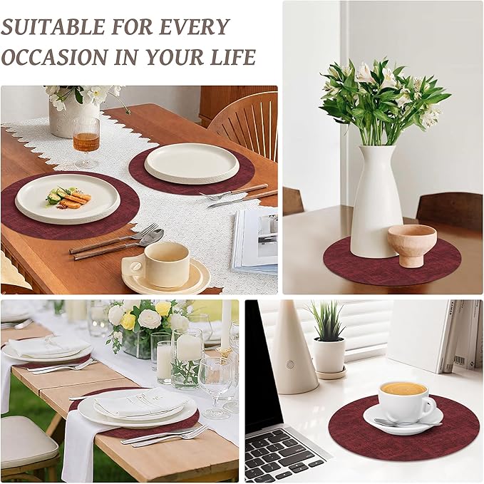 13"Round Placemats Set of 6, Reversible Faux Leather Heat Resistant Table Mats, 100% Waterproof Oilproof Wipeable Table Protective Placemats for Vinyl, Washable for Indoor & Outdoor Use (6, burgundy)