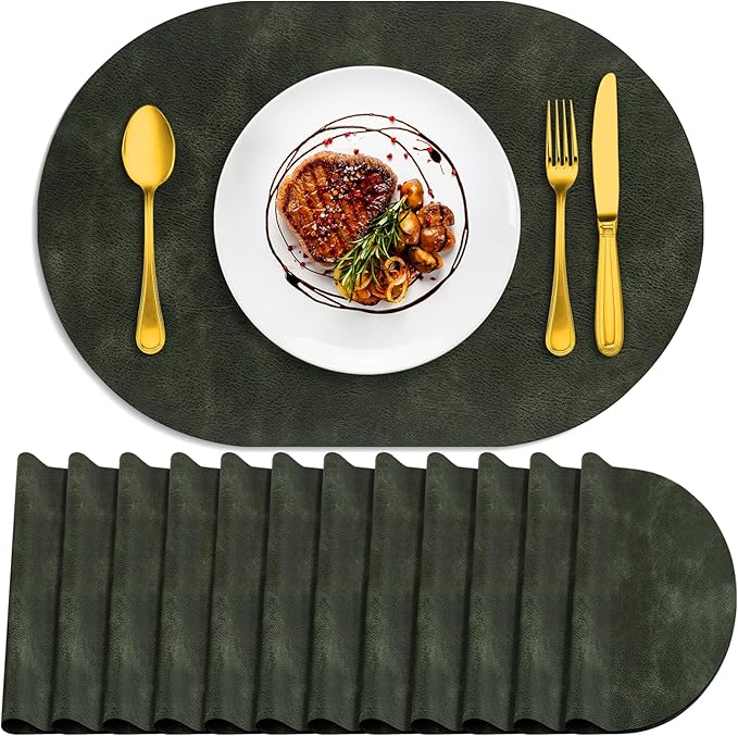 ADRIMER Placemats, Heat Resistant Oval Placemats Set of 12 Washable 12 x 17 Inch, Waterproof Table Mats, Wipeable Pu Place Mats for Kitchen, Dining Room, Olive Green