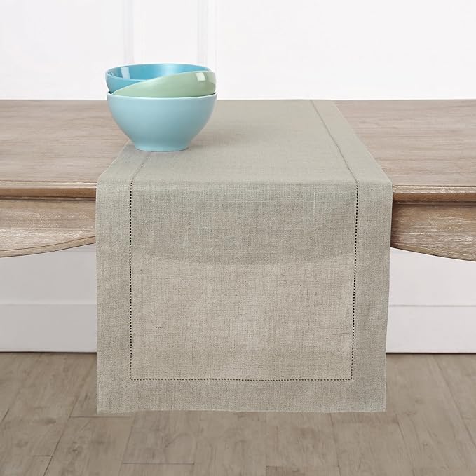 Solino Home Linen Natural Table Runner 108 Inches Long - 100% Pure Linen 14 x 108 Inch Table Runner for Spring, Easter - Classic Hemstitch