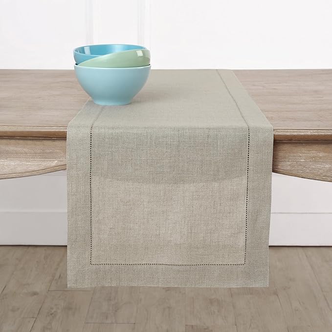 Solino Home Linen Natural Table Runner 132 Inches Long - 100% Pure Linen Extra Long Table Runner 14 x 132 Inch for Spring, Easter - Classic Hemstitch