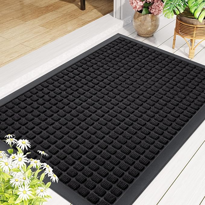 Smiry Front Door Mat Outside Entrance, Heavy Duty Natural Rubber Doormat, Non Slip, Trap Dirt and Moisture, Easy Clean, Low Profile Welcome Floor Mats for Indoor Outdoor Entry, 59x34 Inch, Black