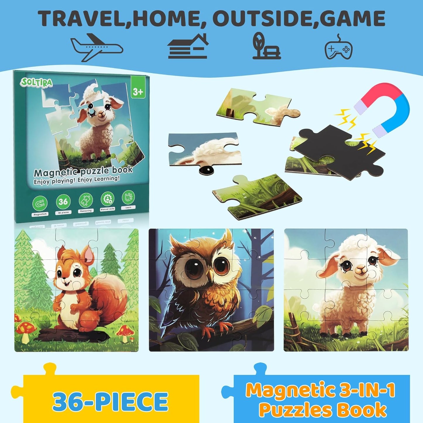 Puzzles for Kids Ages 3-5 3PK-113PCS-9 Animal Themes Magnetic Puzzles for Kids 4-6 Travel Puzzle for Airplane/Car/Road Trip/Gift Toys for 3 4 5 6 Year Old Girls and Boys