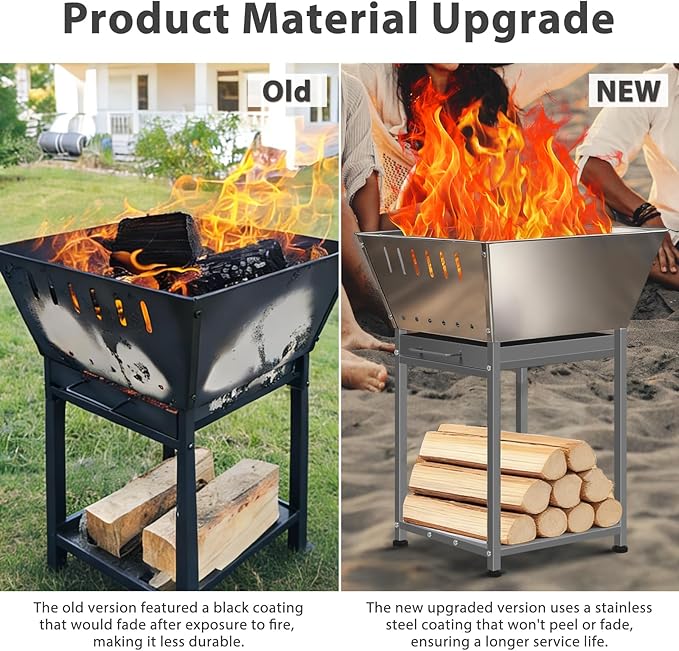 Stainless Steel Inch Square Wood Fire Pit with Grill, 2-in-1 Outdoor Firepit with Ash Pan and Wood Storage, Portable for Backyard, Patio, Camping Use
