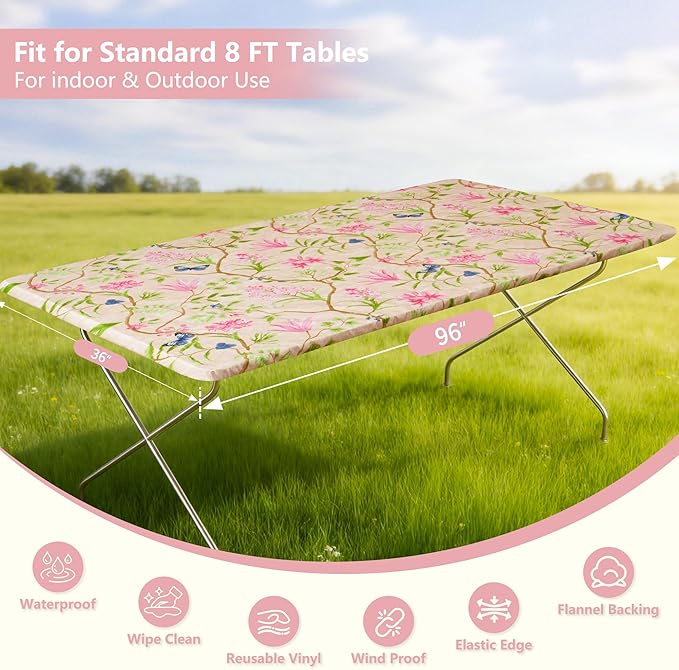 Rectangle Picnic Table Cloth, Elastic Waterproof Fitted Vinyl Tablecloths for 8 Foot Tables, Wipeable Flannel Backed Table Covers for Dining, Camping, Outdoor(Pink Flower,36"x96")