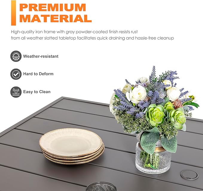 NUU GARDEN Outdoor 61" x 37" Rectangle Dining Table with 1.57" Umbrella Hole, 6-Person Steel Slat Outdoor Patio Table, for Patio, Garden, Backyard and Balcony, Gray