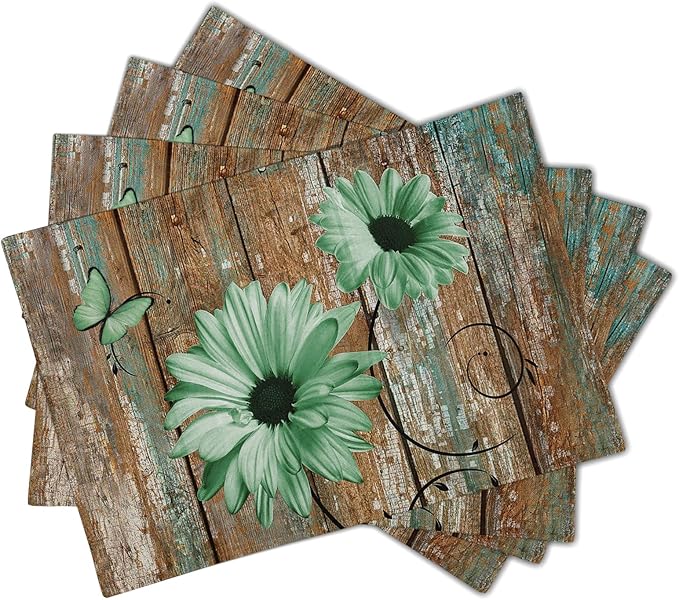 Giwawa Rustic Daisy Placemats Set of 4- Green Sunflowers on Vintage Wood Board Linen Place Mat- Farmhouse Wooden Non Slip Heat Resistant Table Mats for Dining Kitchen Cabin Lodge Decor
