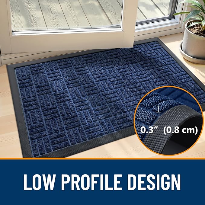 OLANLY Front Door Mat Outside Entrance 47x17, Absorbent, Heavy Duty Sturdy Natural Rubber Doormat Indoor Outdoor, Non-Slip, Stain and Fade Resistant, Low Profile Floor Mat for Entryway, Navy Blue