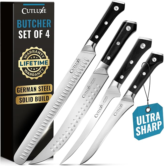 Cutluxe Butcher Knife Set – BBQ Brisket, Breaking, Boning & Fillet knives - Carving Knife Set for Meat Cutting, Ultra Sharp German Steel, Full Tang, Ergonomic Handles – Artisan Series
