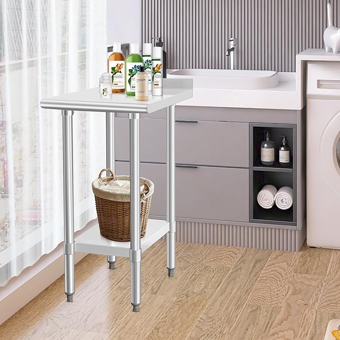 HARDURA Stainless Steel Commercial Work Table Prep Work Metal Table 24×18 Inches with Undershelf and 2" Backsplash Heavy Duty NSF 430 for Kitchen Food Prep