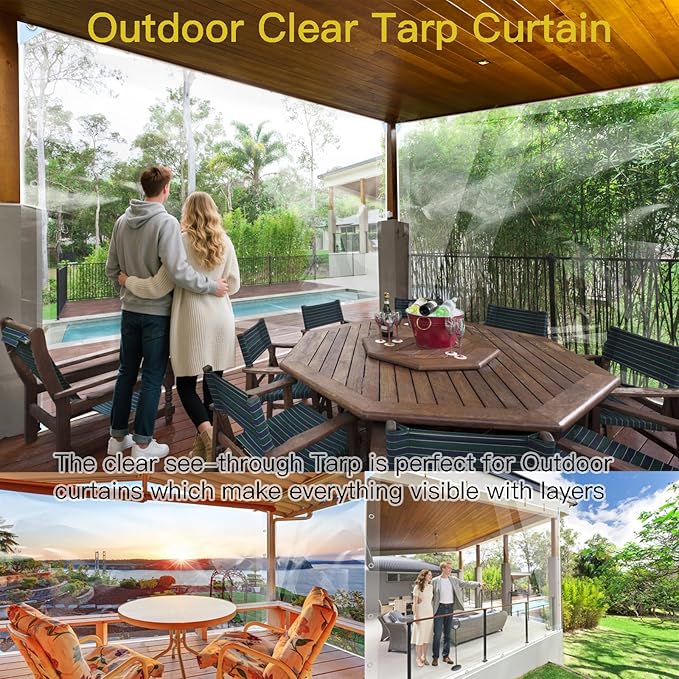 Clear Tarp with Grommets, Transparent Heavy Duty Water Resistant Tarp Cover with Reinforced Edge,14Mil Thickened Tear Resistant PVC Vinyl Tarpaulin Enclosure for Patio,Porch and Outdoor（8' x 8'）