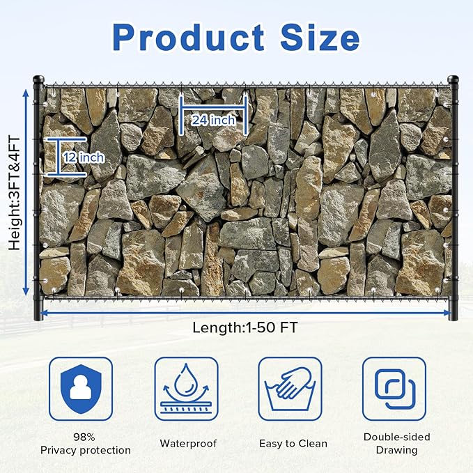 UPGRADE 3'x32'Customized PVC Privacy Fence Screen with Stone Wall Print – Outdoor Waterproof Patio Privacy Cover for Yard, Balcony, Garden Fence Decoration