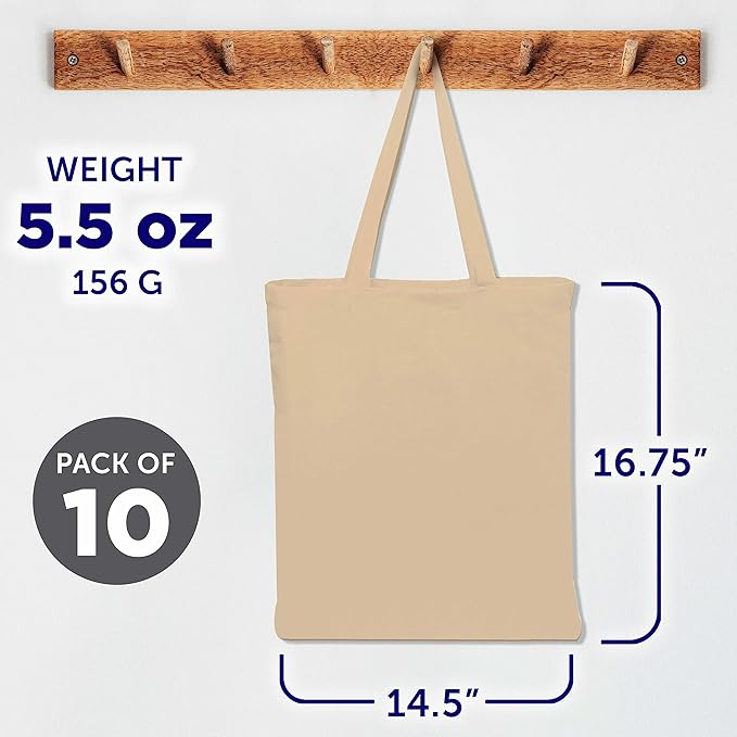 DISCOUNT PROMOS Cotton Canvas Tote Bags Set of 10, Bulk Pack - Reusable, Great for Shopping, Grocery, Beach, Picnic, Wedding Favors - Natural