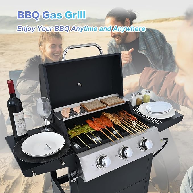 Endark Propane Gas Grill 3-Burner,26,000 BTU Stainless BBQ Grill with Porcelain-Enameled Cooking Grates,Built-In Thermometer,Includes Side Shelf and Wheels,Ideal for Backyard,Patio,Outdoor Cooking