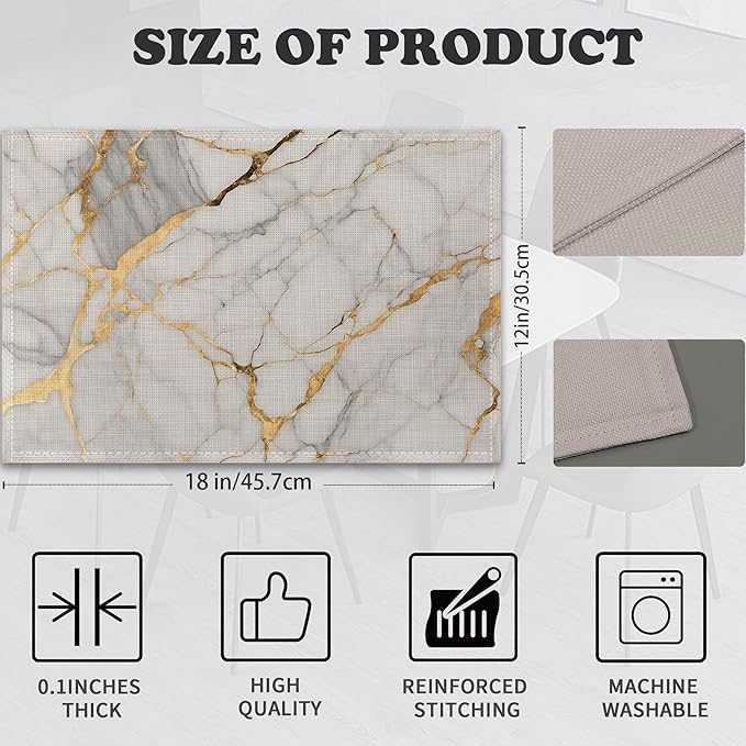 Placemats Set of 6,White Gold Marble Linen Table Mats Abstract Heat Resistant Place Mats Washable Dining Table Mats for Indoor Outdoor Kitchen Decor Easy Clean 12 x 18 Inch